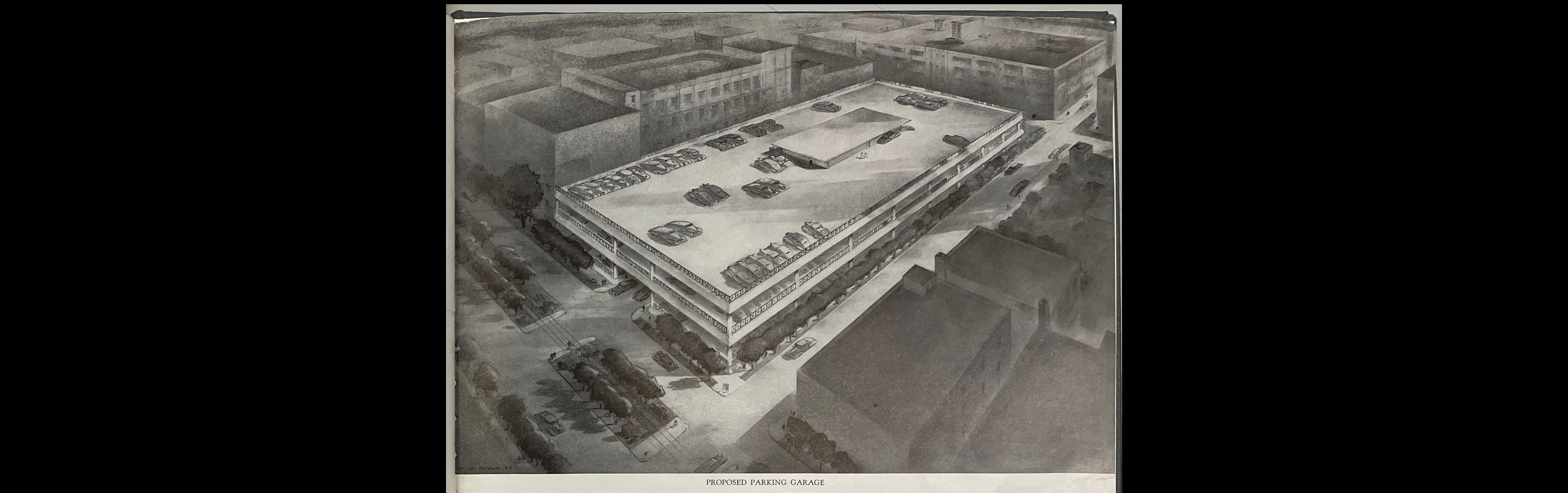 1946 illustration of a proposed parking garage in downtown New Orleans. From “Arterial Plan of New Orleans”.